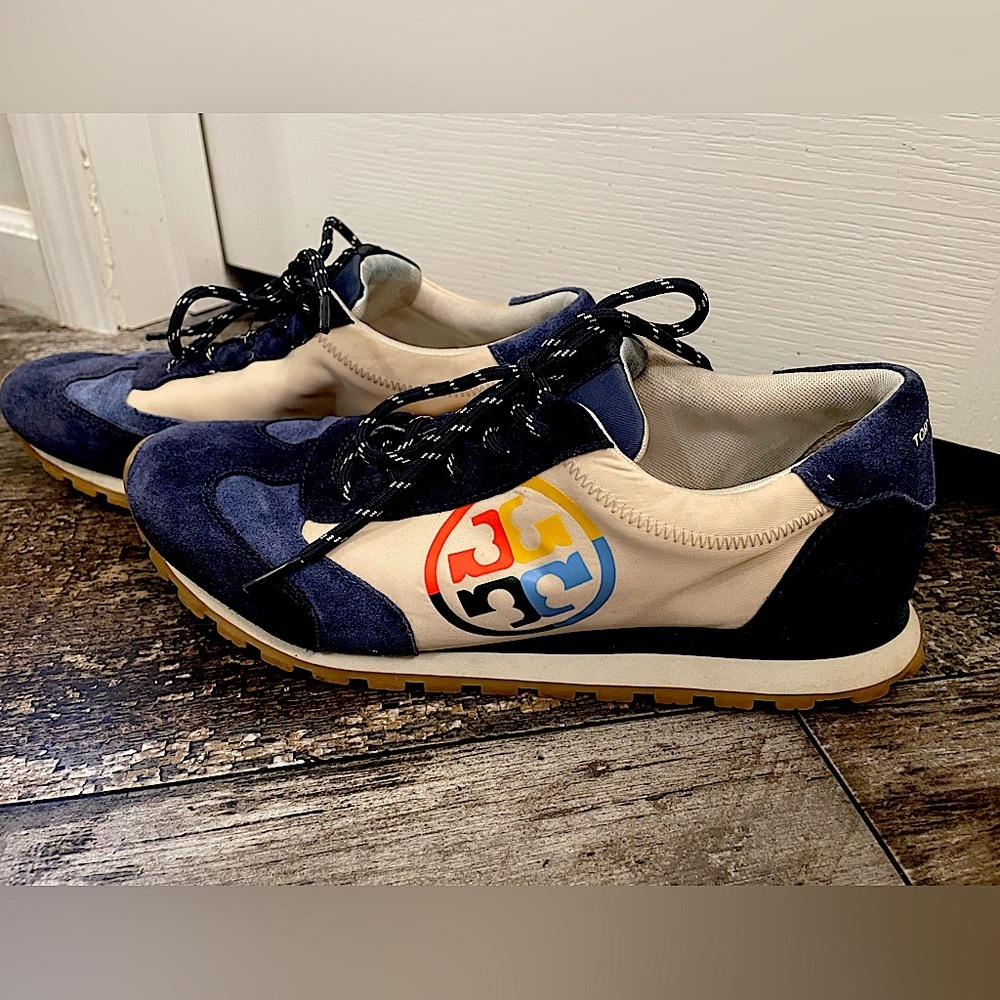 Tory Burch Navy, Cream & Multicolor Logo Runner Sneakers